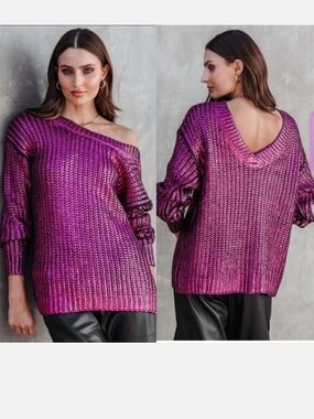 New! Shimmery Metallic Pink V-Neck Women's Sweater! Reversibile!